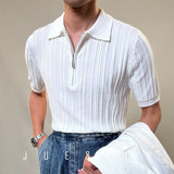 Zipper Knitted Short-sleeved Polo Shirt Men Summer American Retro Commuting Loose Vertical Striped Pit Strip Lapel T-shirt Men