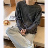 Autumn Long Sleeved T-shirt Men Oversized Retro Striped T Shirt Men Streetwear Korean Loose Round Neck T Shirt Mens Top M-3XL
