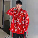 Personality Velvet Male Shirts Lace-up Sequin Embroidery Turn-down Collar Contrast Color Men's Long Sleeve Tops Tide