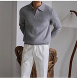 Men's American Retro Polo Sweater Luxury Trendy Business V Neck Knit Solid Color Pullover Leisure Slim-fit Long Sleeve Knitwear
