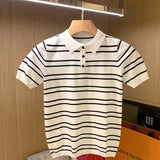 Summer Men's Clothing Leisure Light Luxury Knitted Polo Shirt Korean Striped Short Sleeve Retro Breathable Fashion Knitwear