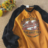 Vintage Oversized T-shirt for Men Contrast Color Raglan Long Sleeve Letter Print T Shirt Hip-hop American Retro Unisex Tops Tees