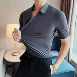High elasticity Men Shirt Short sleeve Summer Anti-wrinkle Soft Thin Solid Casual Slim Fit Formal Dress Shirt Men Clothing