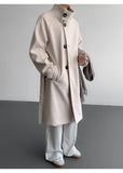 2025 New Autumn Winter Mens Imitation Wool Trench Coat Mid Length Stand Collar Solid Color Windproof Warm Two Button Outerwear