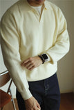 New American Chic Men Polo Sweater Luxury Trendy Business V Neck Knit Solid Color Pullover Leisure Slim-fit Long Sleeve Knitwear