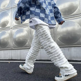 Spring New White Striped Tassel Straight Jeans Men Y2k Street Ripped Hip-hop Loose Casual Denim Trousers
