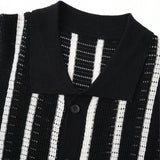 New British Business Men Striped Polo Shirt Light Luxury Hollow Out Knit Short Sleeve  T-shirts Loose Breathable Knitwear S-2XL