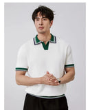 New Japanese Trendy Men Polo Shirt Light Luxury Slim-fit V Neck T-shirt Leisure Patchwork Short Sleeve Tops Retro Knitwear M-3XL