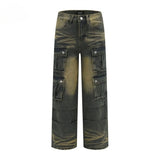 Spring and Autumn Trendy Street Personality Straight Tube Multi Pocket Work Clothes Jeans Couple Loose Retro Casual Pants y2k