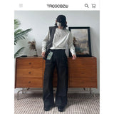 JEANS MEN Black Straight Leg Mens Jeans Novel Pocket Design Front Patch Denim Pants Trendy Fashion Casual Trousers Hot Sale 2025