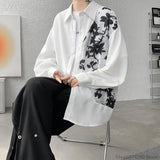 Spring Autumn Long Sleeve Print Shirt Man Black/White High Street Fashion Casual Button Patchwork Harajuku All-match Blouse
