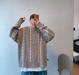Y2K Striped Crochet Sweater For Men Long Sleeve Knitted Tees Korean Fashion Streetwear Pullovers Patchwork Crewneck Knitwear