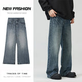 New Fashion Lightning Crack Men's Baggy Straight Jeans Vintage Blue Bootcut Trousers Personality Streetwear Male Denim Pants