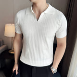 Men Striped Polo Shirt Summer Light Thin Breathable Solid Casual Elastic Slim Fit Short Sleeved V-neck T-shirt Men Clothing