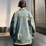 Denim Jackets Men Washed Distressed Raw Edge Hole Autumn Turn-down Collar American Style High Street Retro Baggy Males Overcoats