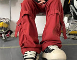Spring Autumn Men's Clothing Solid Color Elastic High Waisted Pockets Casual Loose Fashion Trousers Cargo Preppy Style Pants