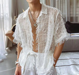 Men Shirt Tassel Chiffon Transparent Lapel Short Sleeve Sexy Men Clothing Summer Streetwear Party Fashion Camisas