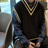American Fashion Retro V-neck College Style Knitwear Vest Autumn Winter Fried Dough Twists Color Contrast Lovers Sleeveless Vest