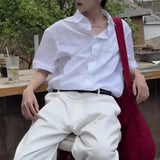 College Style Youth Wear Short-Sleeved Shirt Men Summer New Fashion High-End Handsome Casual Solid Color Y2k White Shirt