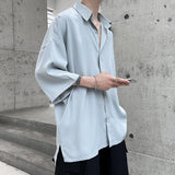 Summer Short Sleeved Shirt Men Fashion Society Mens Black Dress Shirt Korean Loose Ice Silk Shirts Mens Oversized White Shirt