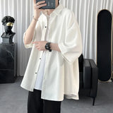 Summer Cool Men Short-sleeved Shirt Solid Color Fashion Plicated Casual Loose Button Shirt Male Clothing Tops