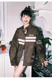 American Retro Striped Coat Contrasting Color Spliced Leather Jacket Japanese Spring Couple Racing Style Leather Jacket Chic