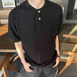 New Simple Men's Short Sleeved T-shirts Round Neck Button Design Casual Menswear Solid Color Loose Male Pullover Tee