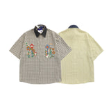 Summer Japanese Retro Patchwork Denim Collar Plaid Short Sleeved Embroidery Shirt for Men and Women Loose Design and Trendy Top
