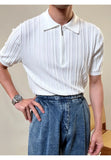 Zipper Knitted Short-sleeved Polo Shirt Men Summer American Retro Commuting Loose Vertical Striped Pit Strip Lapel T-shirt Men