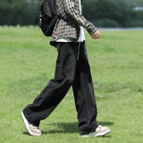 Autumn New Men's Fashion Jeans Patch Pockets Korean Wide Leg Loose Straight Trousers Drawstring Elastic Waist Pants Black Blue