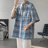 Vintage Blue Loose Plaid Men'S Shirt Fashion Tie-dye Printed Lapel Short Sleeve Men Shirts Blouses Tops Male Clothing 5XL-M