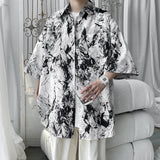 Men Hip Hop Harajuku Shirt Painting Graffiti Color Streetwear Loose Short Sleeve Trend Fashion Beach Shirts Casual Button Tops