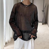Man T-shirt Sheer Mesh Round Neck Long Sleeve Sexy Men's Clothing Tops Out Streetwear Party Thin Style Clothes