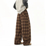 Winter Trendy Tartan Fleeced Plaid Casual Pants Men's Loose Straight Warm Long Pants Mopping Trousers For Men Black/Coffee
