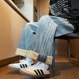 Winter Velvet Wide Leg Jeans Side Striped Straight Casual Fashion Denim Trousers Hip Hop Streetwear Warm Pants Plus Size 8XL-M