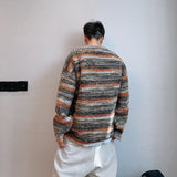 Vintage Striped Sweaters Men Autumn Contrast Color American Commuting Style  All-match Males Knitwear Hip Hop Hipster Pullovers
