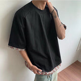 Men's Short Sleeve T-shirts New Summer Plaid Flanging Design Fake Two-piece Solid Color Trendy Male Pullover Tops