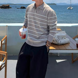 American Chic Striped Men Polo Sweater Luxury Trendy Business V Neck Knit Solid Color Pullover Leisure Slim Long Sleeve Knitwear