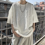 Pleated T-shirts Men Baggy Solid O-neck Half Sleeve Leisure Korean Style High Street Vintage Daily Normcore Youthful Vitality