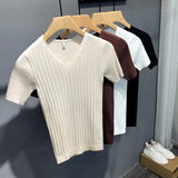 Men  Summer New V Neck Knitted T-Shirts Men Clothing Slim Fit Casual Tops Male Short Sleeve Tee Shirt  Streetwear N02