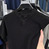 New Men Luxury Chinese O Collar T-Shirt Leisure Slim Button-down Solid Color Short Sleeve Tops Summer Breathable Basic Knitwear