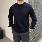 New Autumn Fashion Men T-shirt Light Luxury Solid Color Long Sleeve Tops Leisure Streetwear Casual O Neck Basic Shirts M-3XL