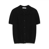 Niche Design Men's T-shirt Turn-down Collar Contrast Color Knitting Hollow Out Short Sleeve Single Breasted Male Tee