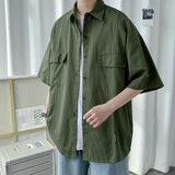Working Pocket Solid Color Pure Cotton Short-sleeved Shirt Fashionable Summer Lapel Button Functional Half-sleeved Cardigan