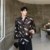 Men Sexy Feather Hollowed Out Shirt Men's Lapel Long Sleeved Transparent Clothing Streetwear Casual Loose Trendy Design Tops
