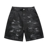 Hip Hop Denim Shorts Men Streetwear Vintage Patch Jeans Short Oversized Harajuku Embroidery Black Baggy Knee Length Pants Male