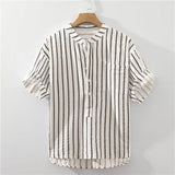 Simplicity Office Lady Casual T-Shirts Man Stand Collar Short Sleeve Button Men's Clothing Striped Straight Spring Summer