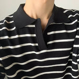 Summer Men's Clothing Light Luxury V Neck Knit Polo Shirt Korean Striped Short Sleeve Retro Fashion Leisure Slim Knitwear