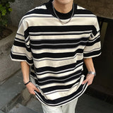 Summer New Male Striped T-shirt Half Turtleneck Loose Short Sleeve Contrast Color O-neck Pullover Male Tees 2025
