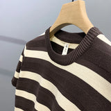 Summer Men's Clothing Leisure Light Luxury Knit O Neck T Shirt Korean Striped Short Sleeve Retro Breathable Fashion Knitwear
